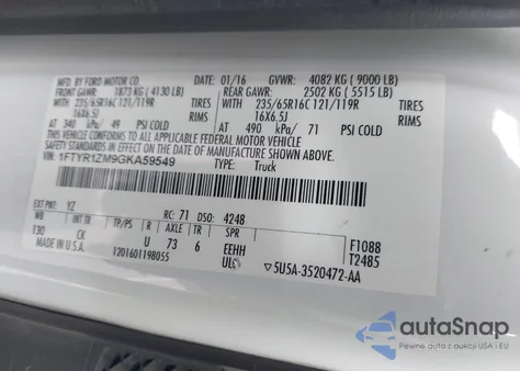 2016 Ford Transit-250 из США, поврежденный, VIN 1FTYR1ZM9GKA59549